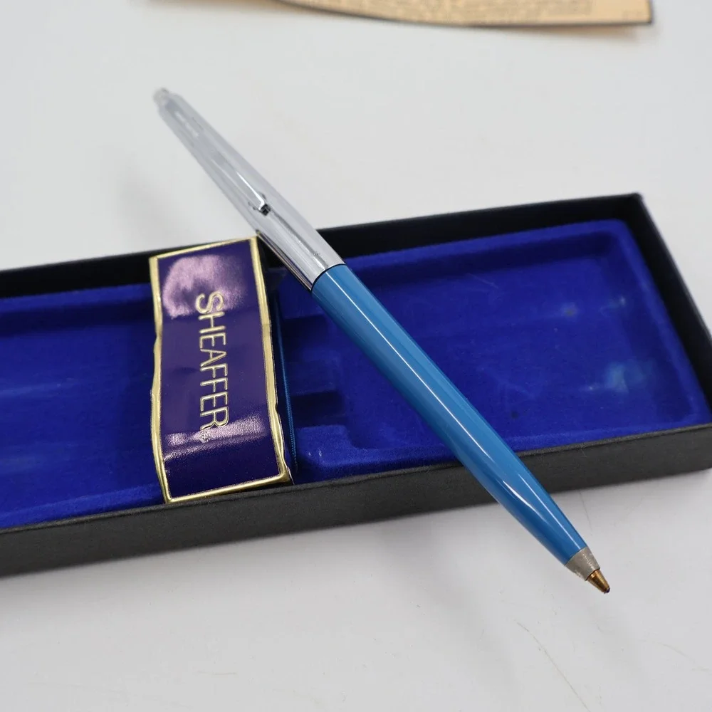 Sheaffer Ballpoint Pen Blue Chrome Vintage Push Button USA Made Case